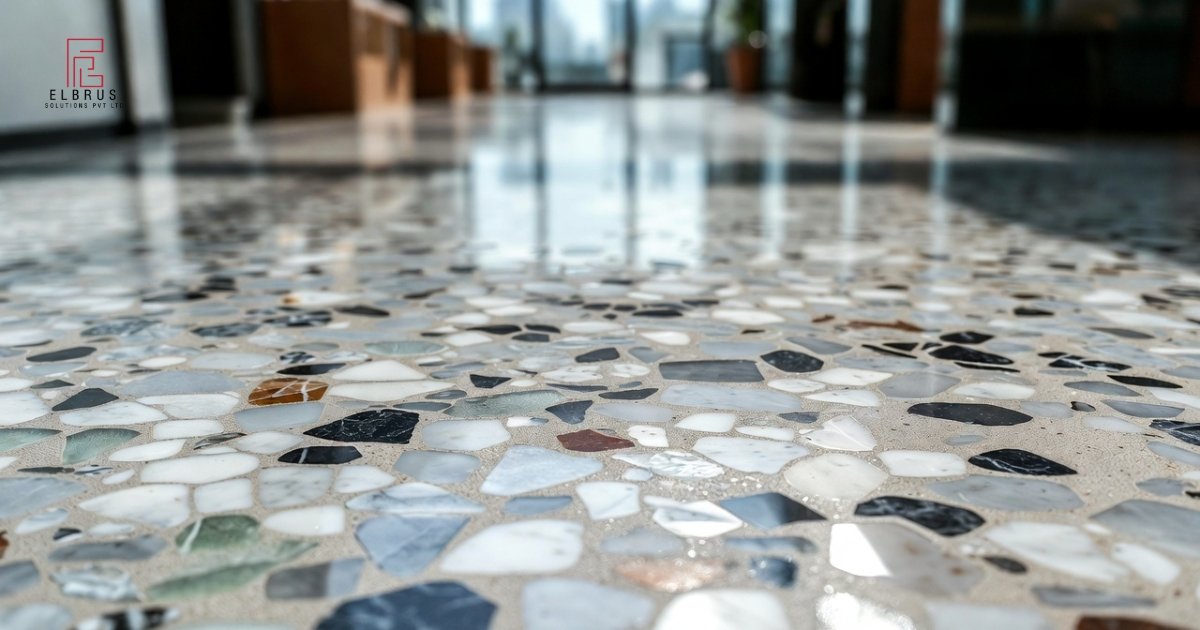 Side-by-side comparison of terrazzo, hardwood, tile, and vinyl flooring in contemporary living space.