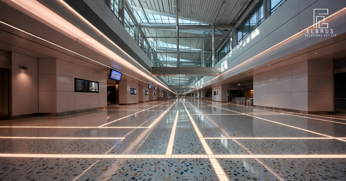Smart terrazzo flooring with embedded LED lighting in modern airport interior for advanced wayfinding design
