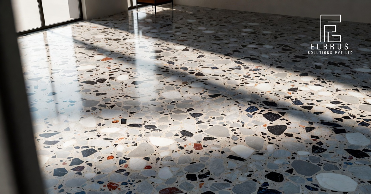 Polished terrazzo flooring in modern interior showing marble and glass aggregates – terrazzo floor maintenance and cleaning guide