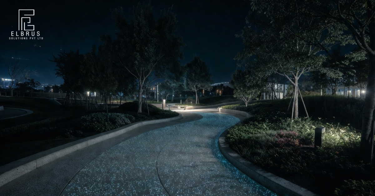 Photoluminescent terrazzo walkway glowing at night in outdoor park with energy-efficient lighting solution