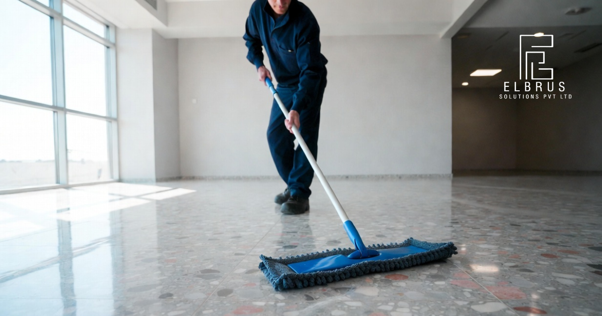 Cleaning terrazzo floor with microfiber mop to maintain shine and prevent scratches
