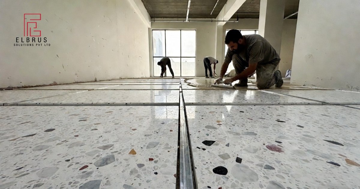 terrazzo flooring installation process in commercial building