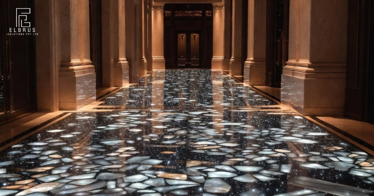 Luxury hotel terrazzo floor with fiber optic lighting creating starry night effect in modern interior design