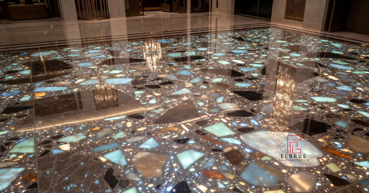 Polished terrazzo flooring in luxury hotel lobby with reflective shine