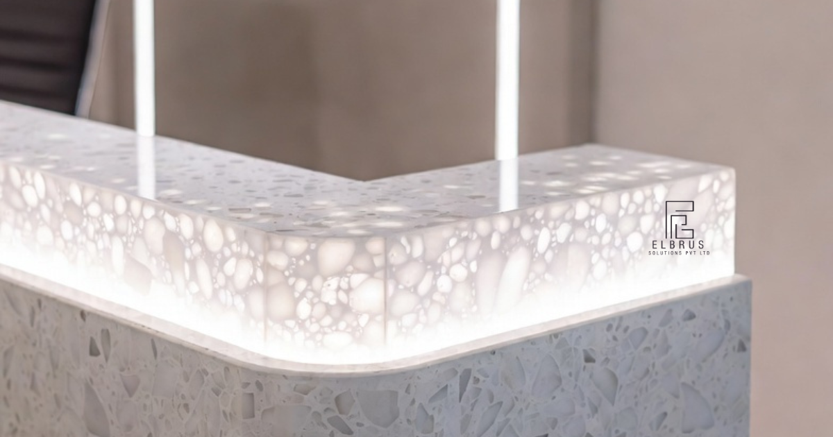 Modern terrazzo reception desk with LED edge lighting showcasing innovative interior design concept
