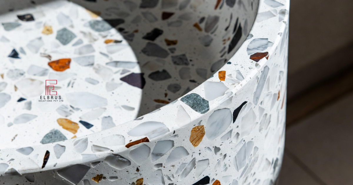 Terrazzo washbasin on floating vanity in modern luxury bathroom