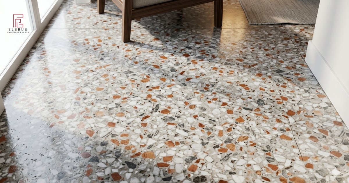 Polished terrazzo flooring with marble and granite chips in a modern living room interior