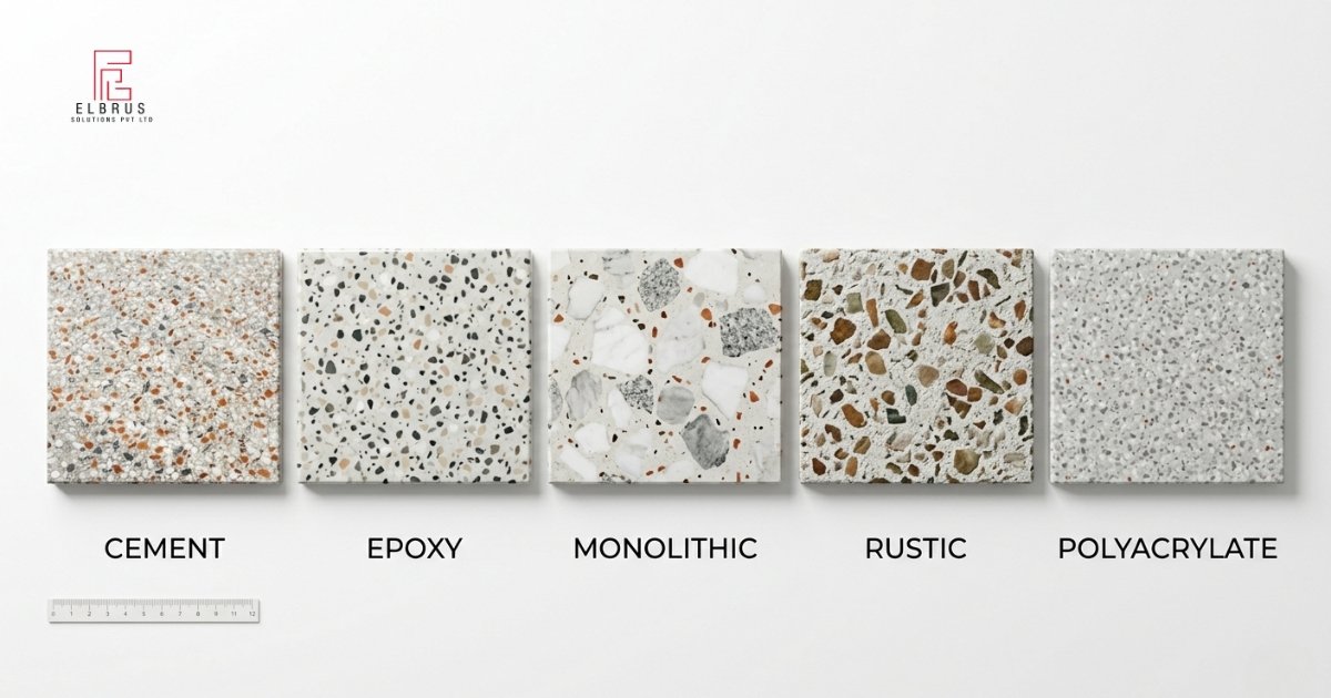 Five types of terrazzo flooring samples including cement-based, epoxy, monolithic, rustic and polyacrylate terrazzo