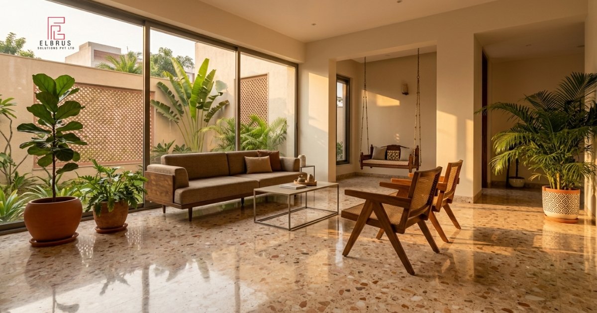 Modern Indian home interior with custom terrazzo flooring in warm beige and pink tones, minimal contemporary design