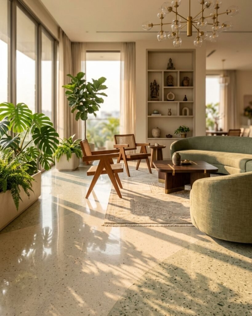 Terrazzo flooring design in a modern Indian home interior polished marble chip surface with warm earthy tones