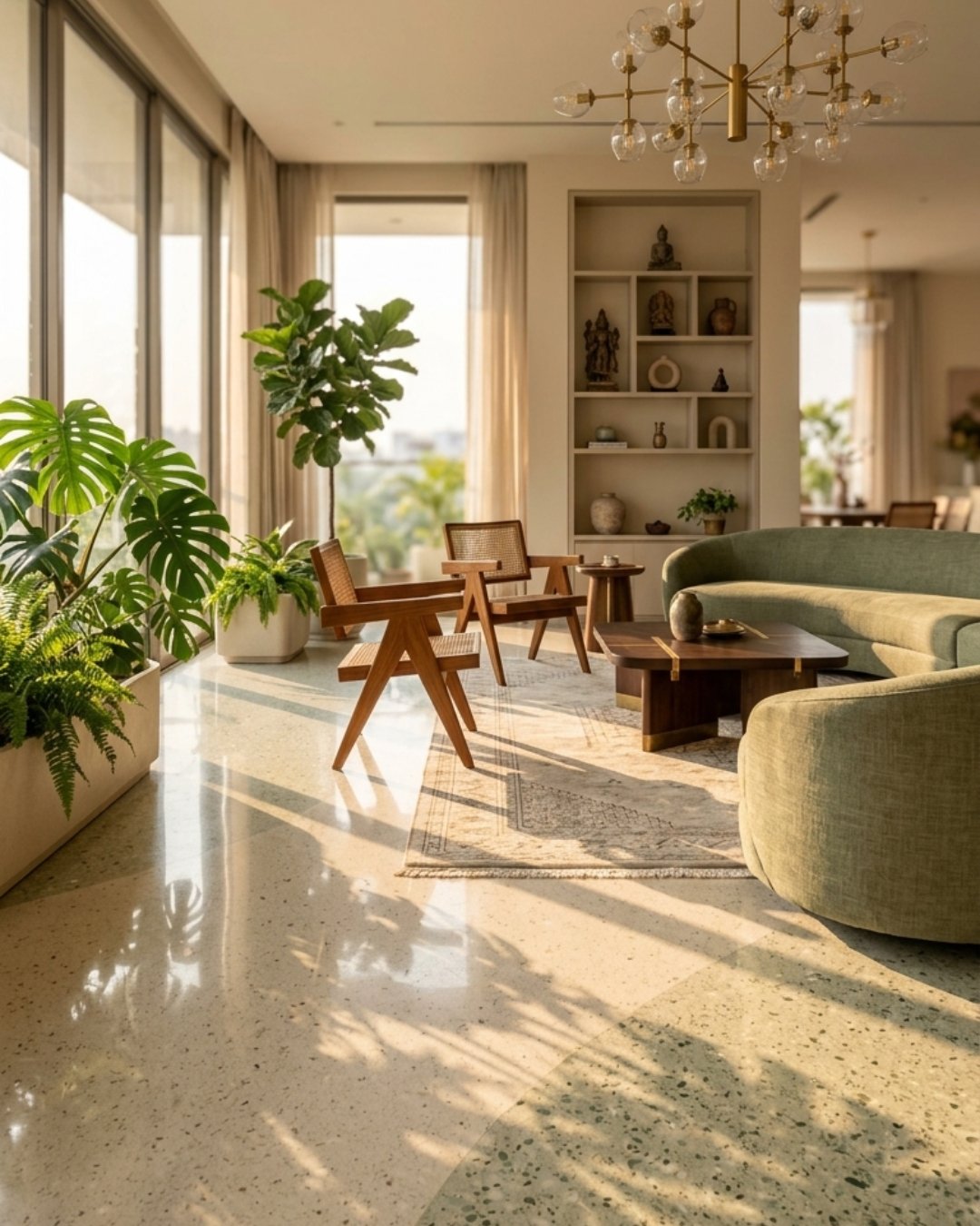 Terrazzo flooring design in a modern Indian home interior polished marble chip surface with warm earthy tones