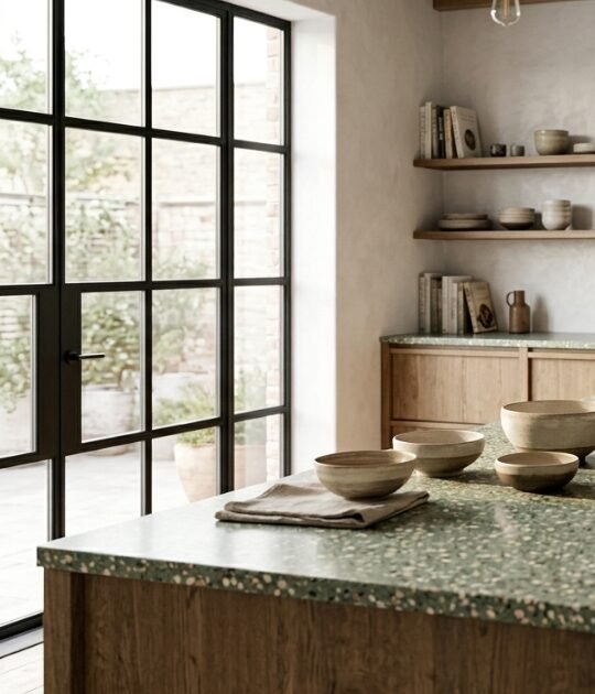 Close-up of polished oversized chip terrazzo floor with blush, green, and burgundy marble fragments in ivory binder — terrazzo pattern trend 2026