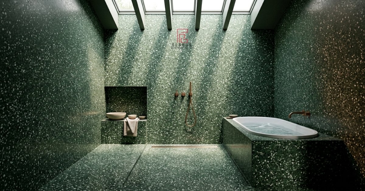 Bio-resin terrazzo slab with recycled glass, shell, and ceramic aggregate on linen — sustainable terrazzo material trend 2026