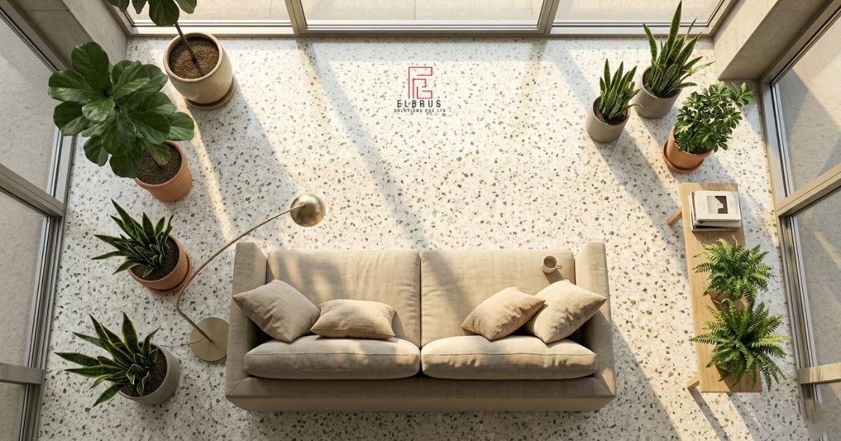 Minimalist living room with seamless grey and white terrazzo flooring, linen sofa, and indoor plants in Scandinavian-style interior