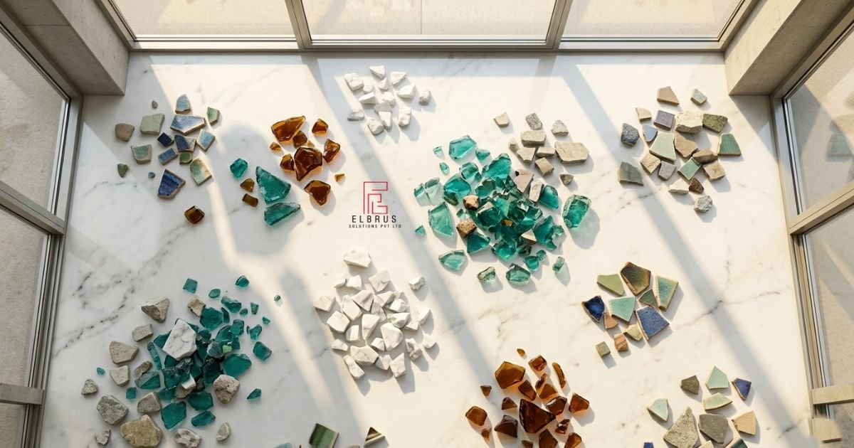 Flat-lay of raw terrazzo aggregates including crushed recycled glass, marble chips, and reclaimed stone pieces on a white surface