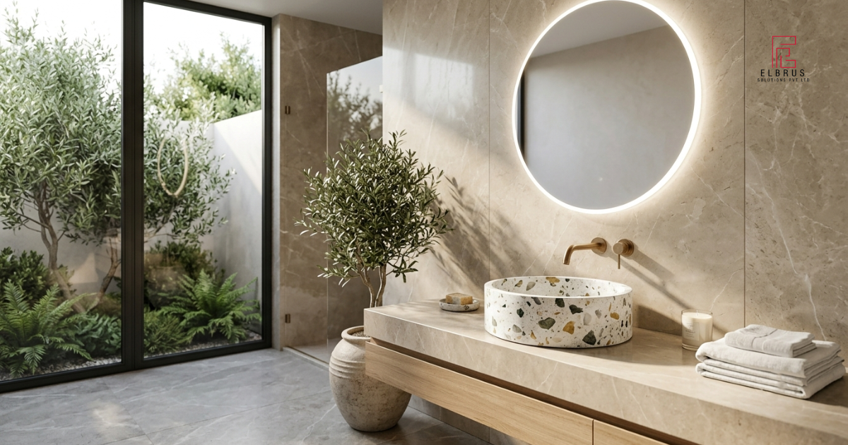 Luxury terrazzo washbasin in a modern bathroom by Elbrus Solutions.