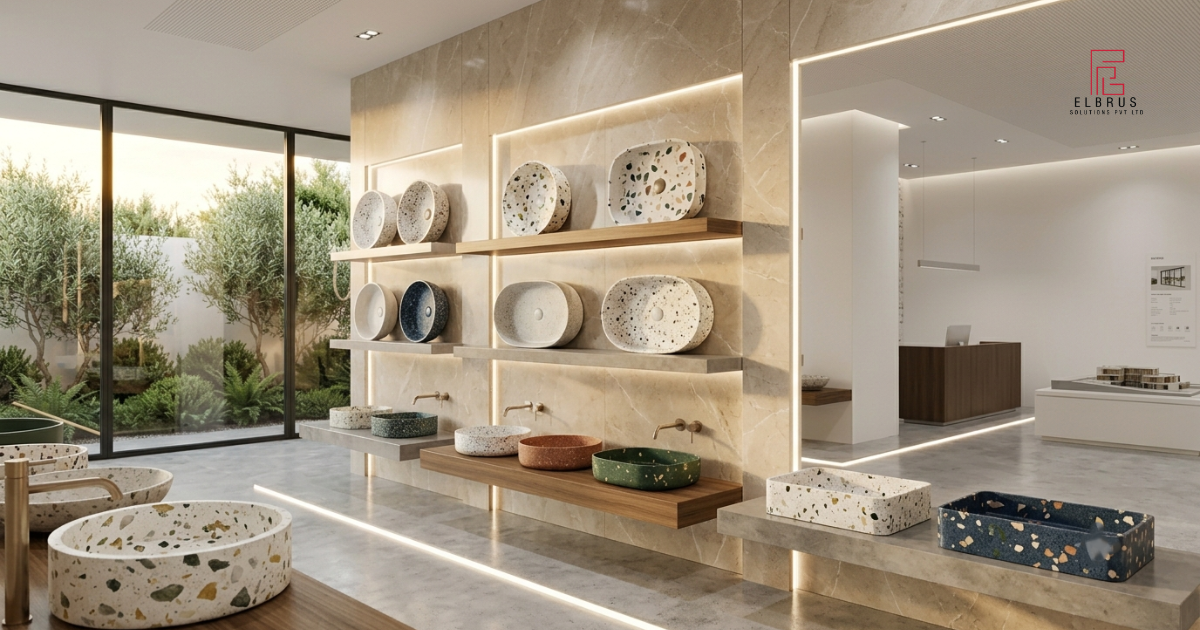 Different terrazzo washbasin shapes for modern bathrooms.