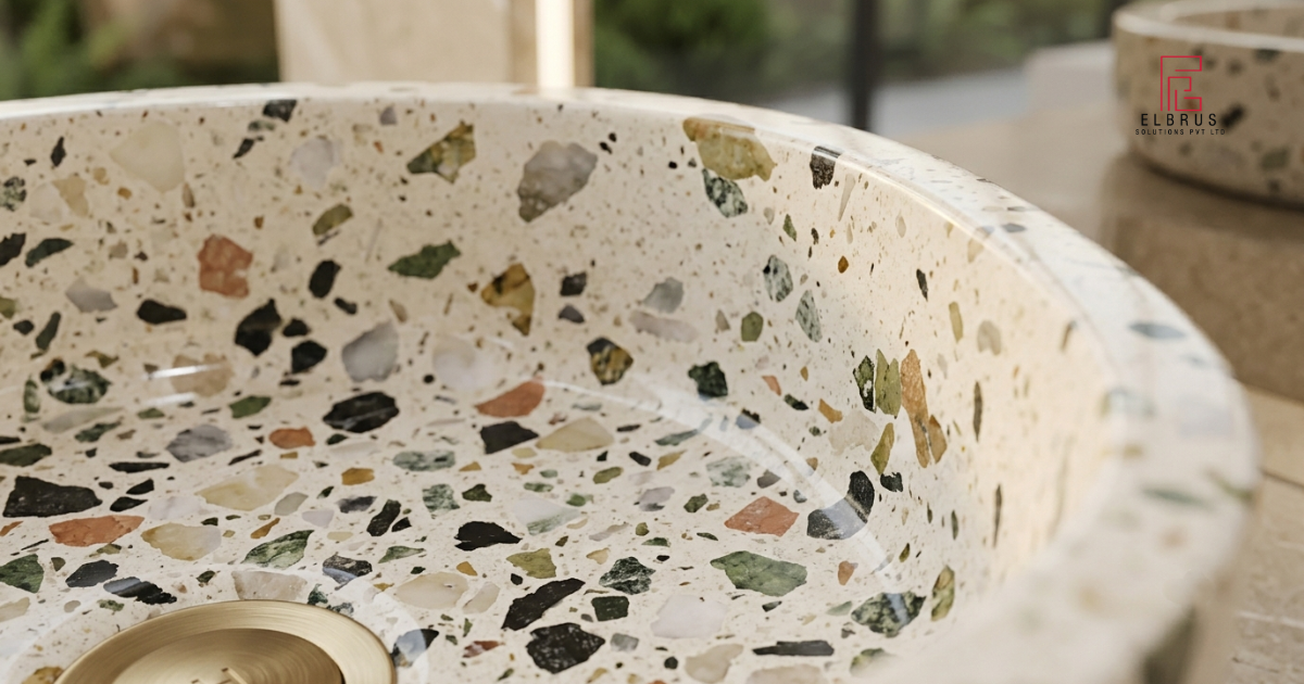 Close-up of handcrafted terrazzo washbasin craftsmanship.
