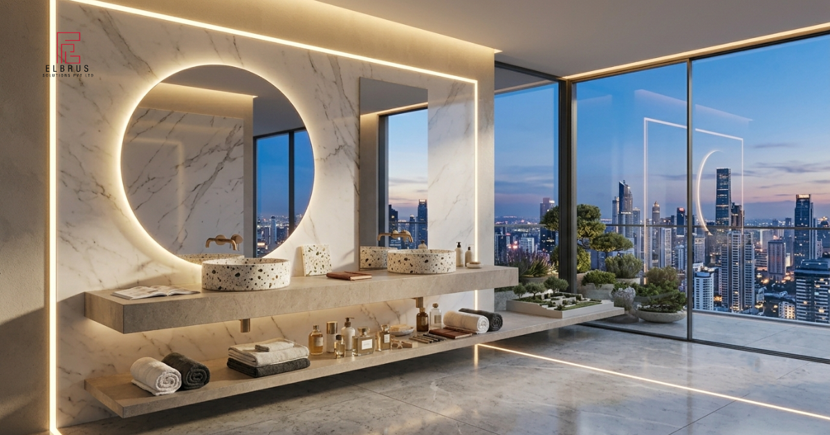 Minimalist Scandinavian bathroom with terrazzo washbasin.