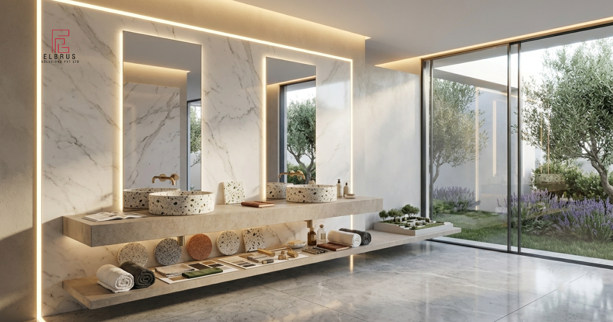 Luxury lifestyle bathroom with terrazzo washbasin and premium accessories.