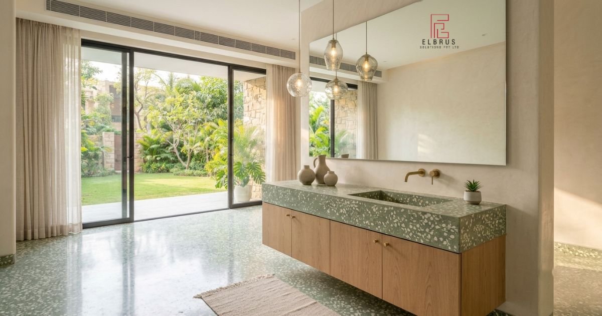 Beige terrazzo with terracotta and ochre chips in a warm contemporary interior.