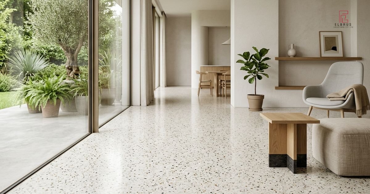 Modern terrazzo flooring with decorative stone chips