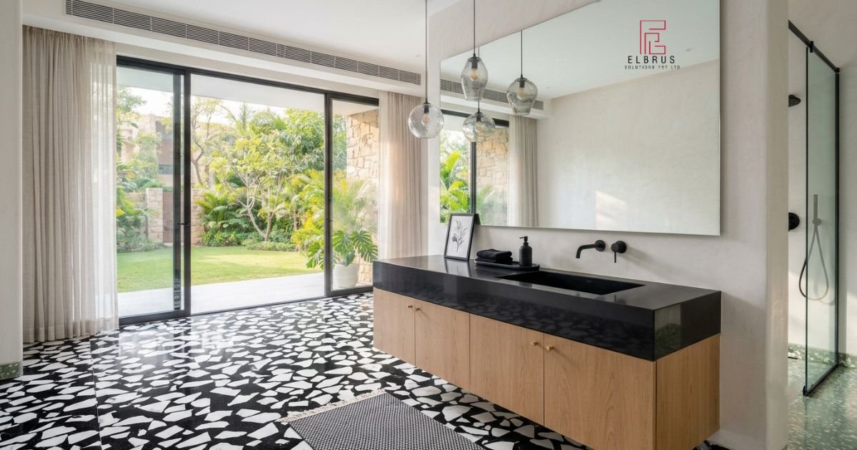 Black and white terrazzo flooring in a modern luxury bathroom.