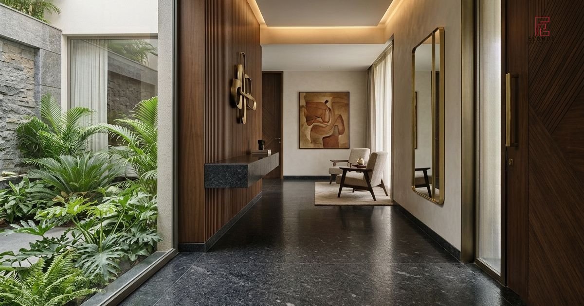 White marble flooring in a luxury living room