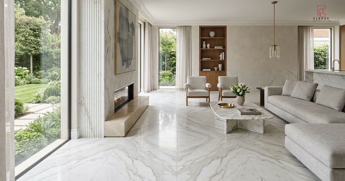 Dark granite flooring with natural mineral patterns