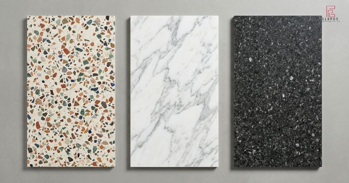 Comparison of terrazzo, marble and granite samples