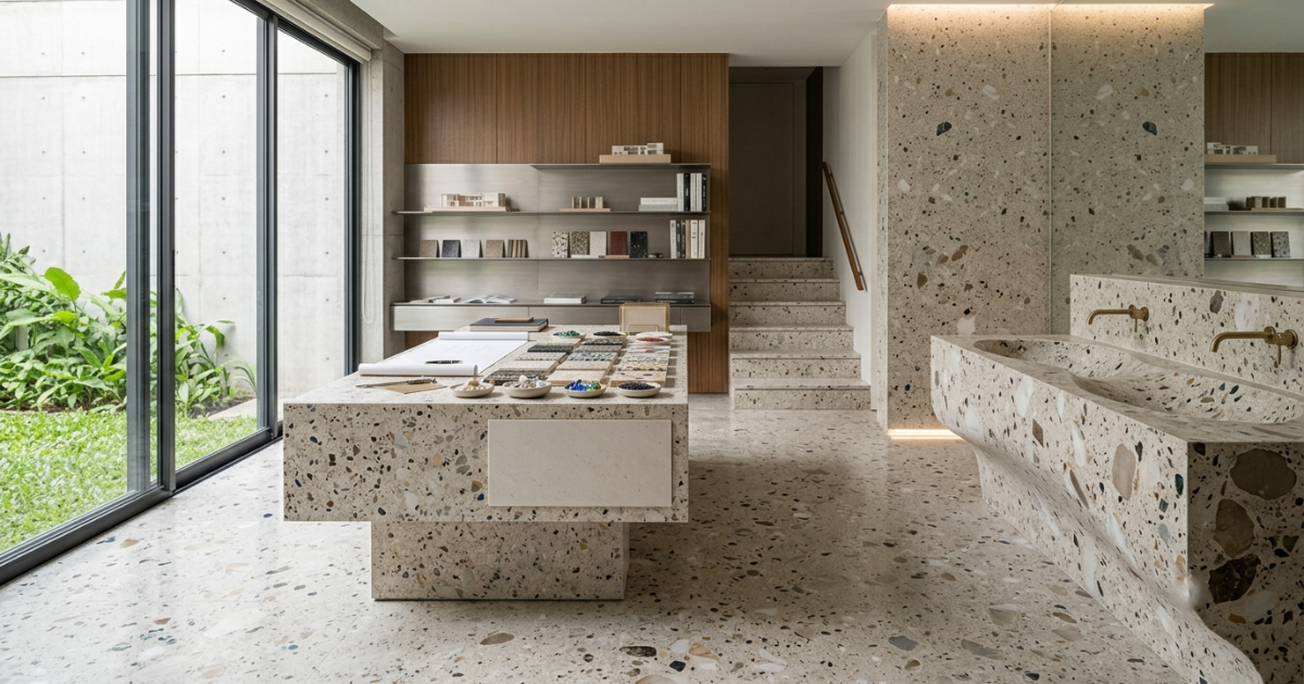 Close-up detail of marble and glass aggregates in terrazzo
