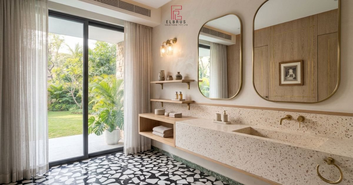 Cream terrazzo vanity with dusty-pink aggregates in a contemporary powder room.