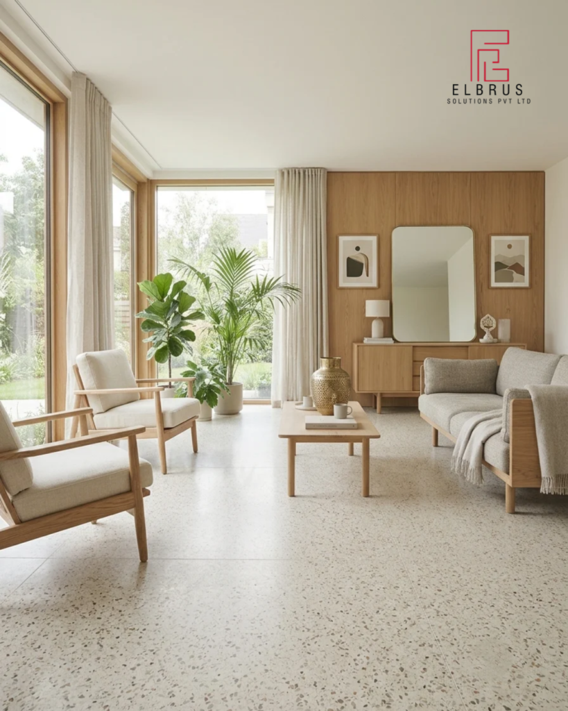 Beige terrazzo with terracotta and ochre chips in a warm contemporary interior.